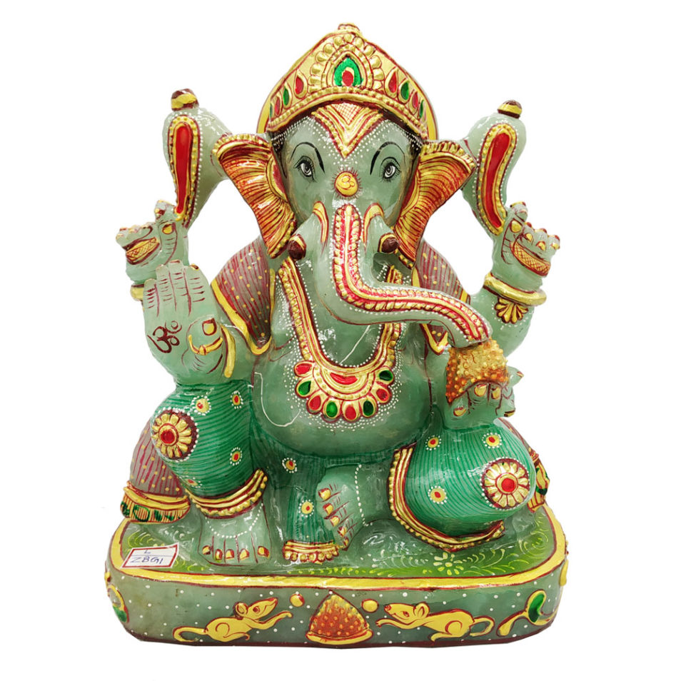 Aventurine Jade Stone Ganesh Statue  Gold Painted