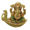 Aventurine Jade Stone Ganesh Sitting on Boat With Mouse Gold Painted Ganesha