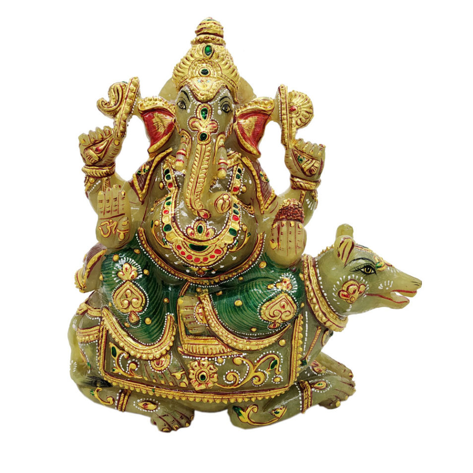 Aventurine Jade Stone Ganesh With Mouse Gold Painted Ganesha