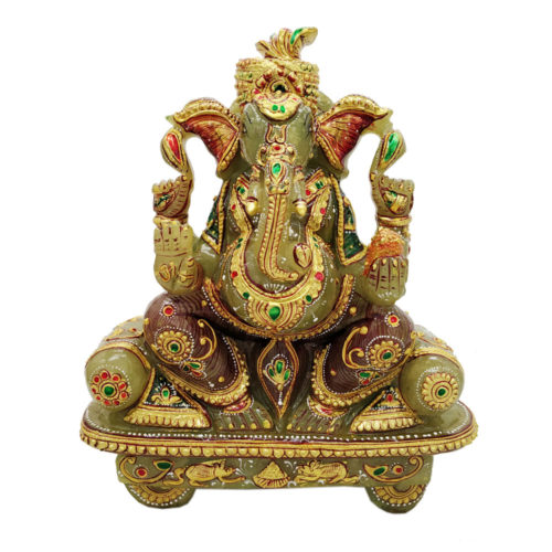 Aventurine Jade Stone Ganesha Sitting on Throne  Statue