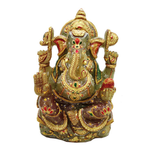 Aventurine Jade Stone Ganesh Statue  Gold Painted