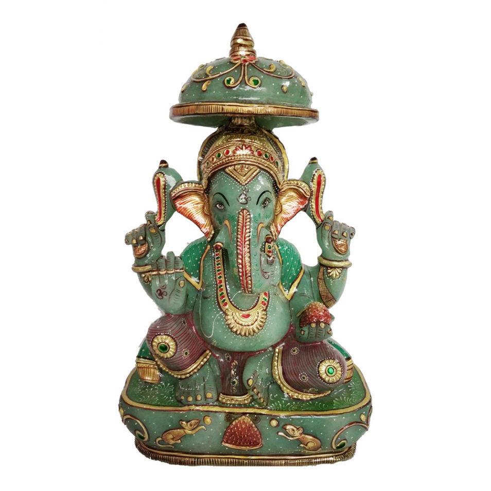 Aventurine Jade Stone Ganesha With Umbrella Statue Gold Painted