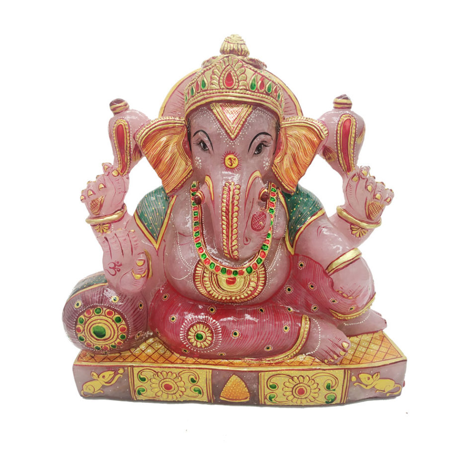 Rose quartz Stone Ganesha Statue Gold Painted