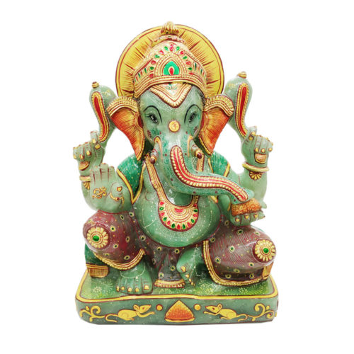 Aventurine Jade Stone Ganesha Statue Gold Painted