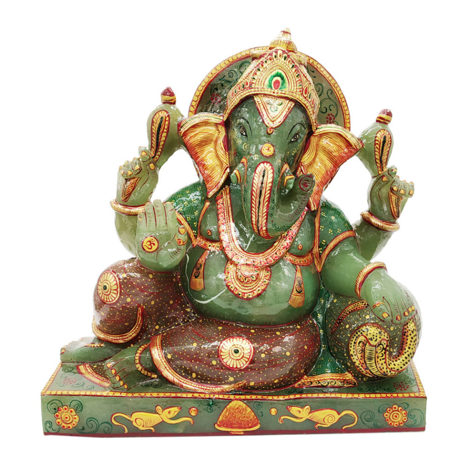 Aventurine Jade Stone Resting Ganesha Statue Gold Painted