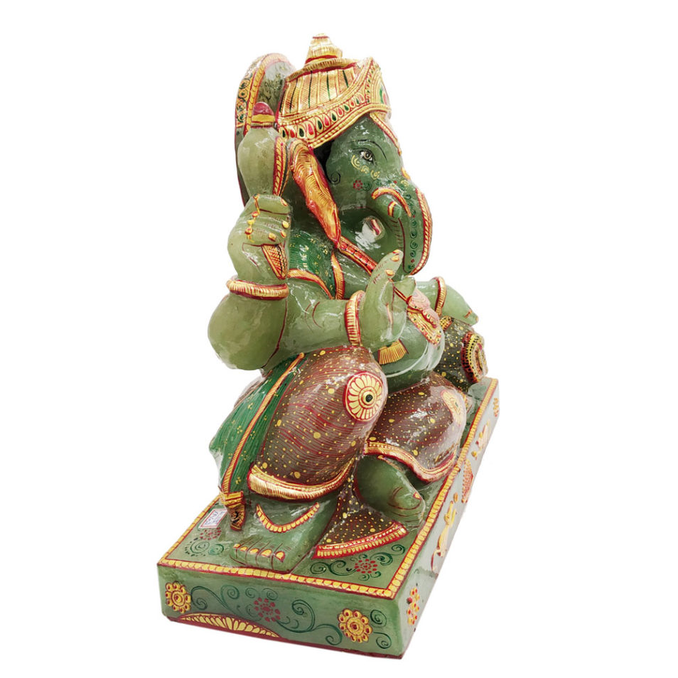 Aventurine Jade Stone Resting Ganesha Statue Gold Painted