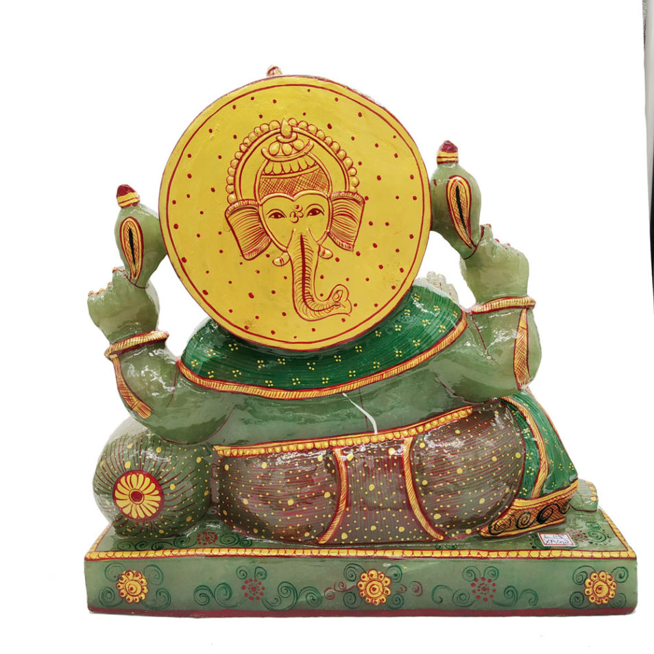 Aventurine Jade Stone Resting Ganesha Statue Gold Painted