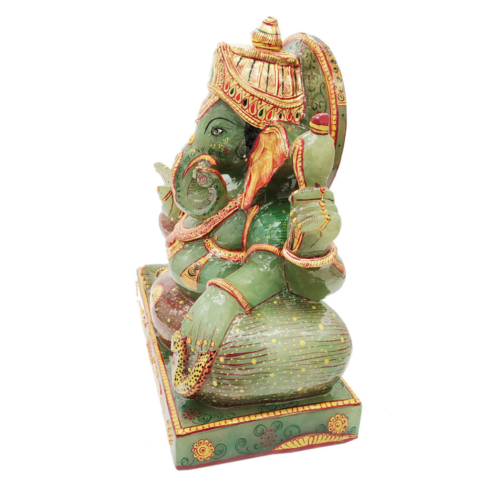 Aventurine Jade Stone Resting Ganesha Statue Gold Painted