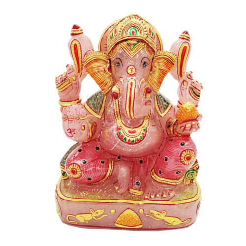 Rose quartz Stone Ganesha Statue Gold Painted