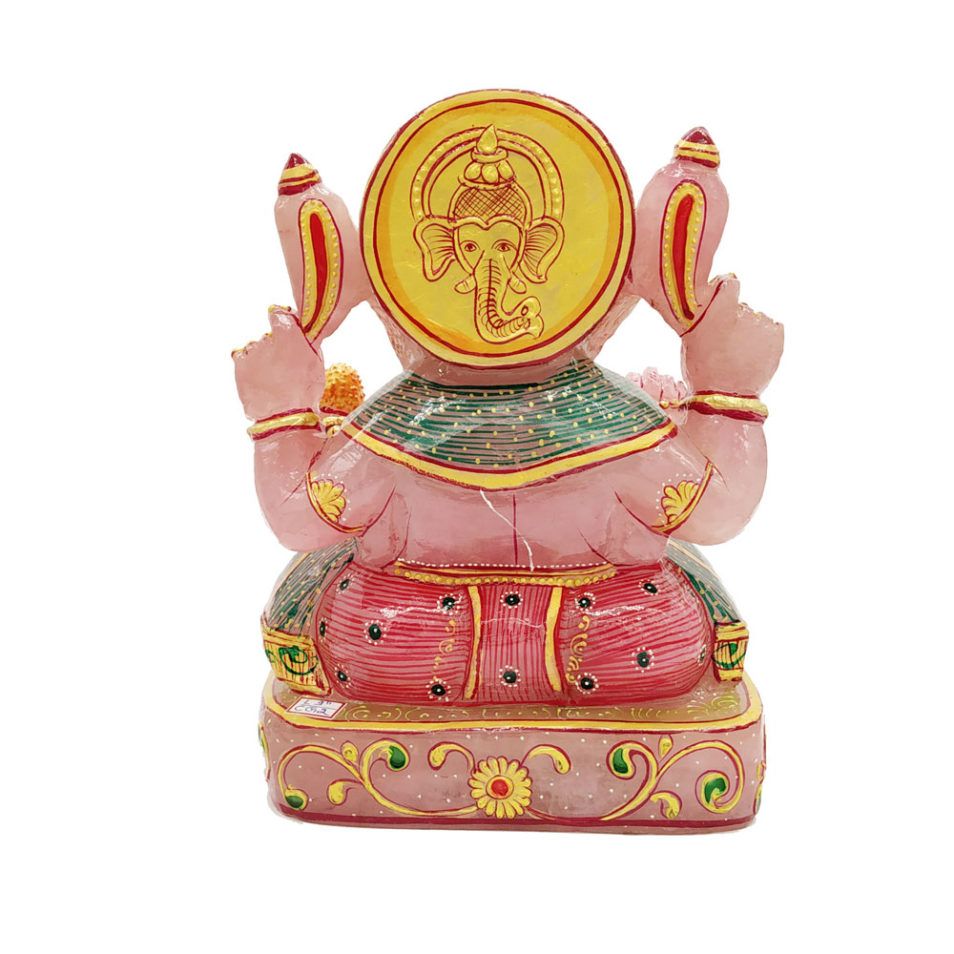 Rose quartz Stone Ganesha Statue Gold Painted