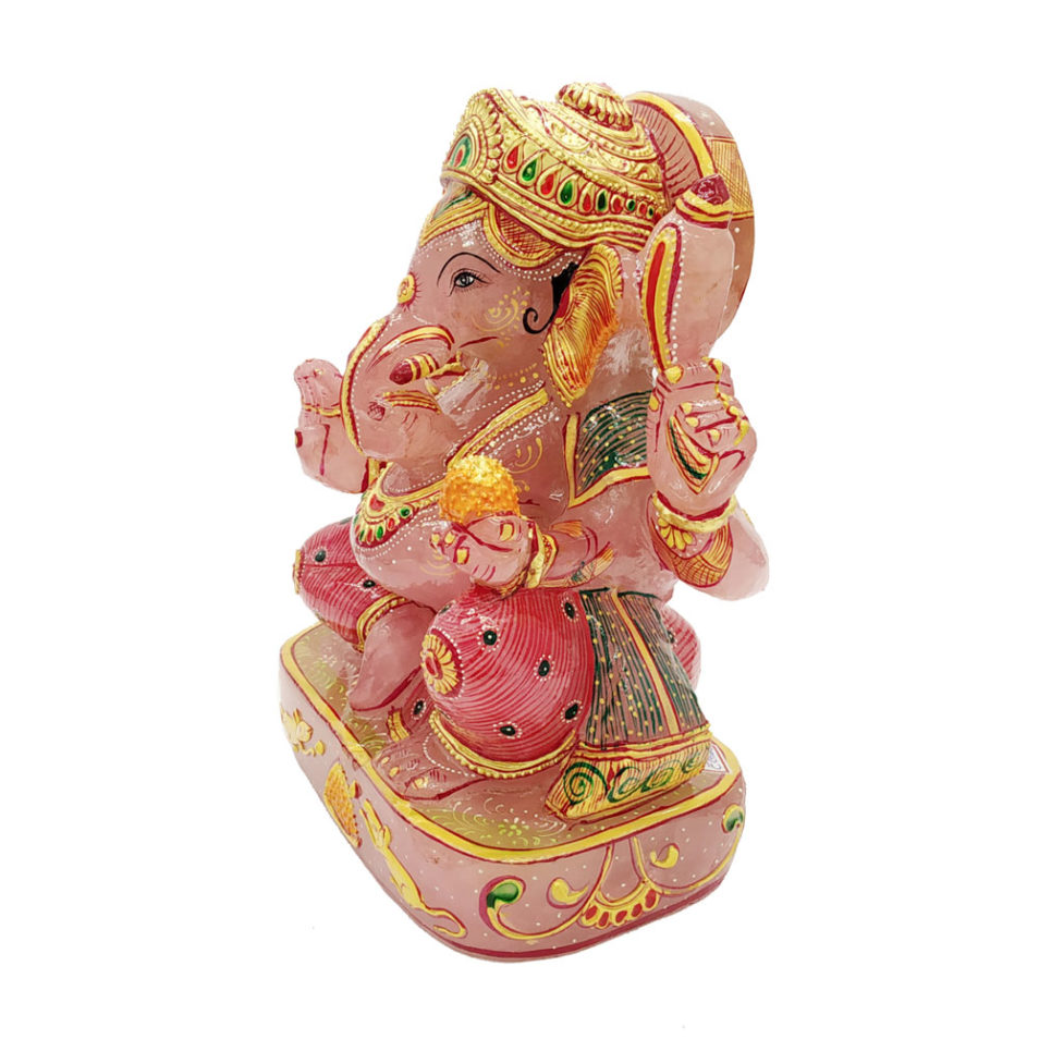 Rose quartz Stone Ganesha Statue Gold Painted