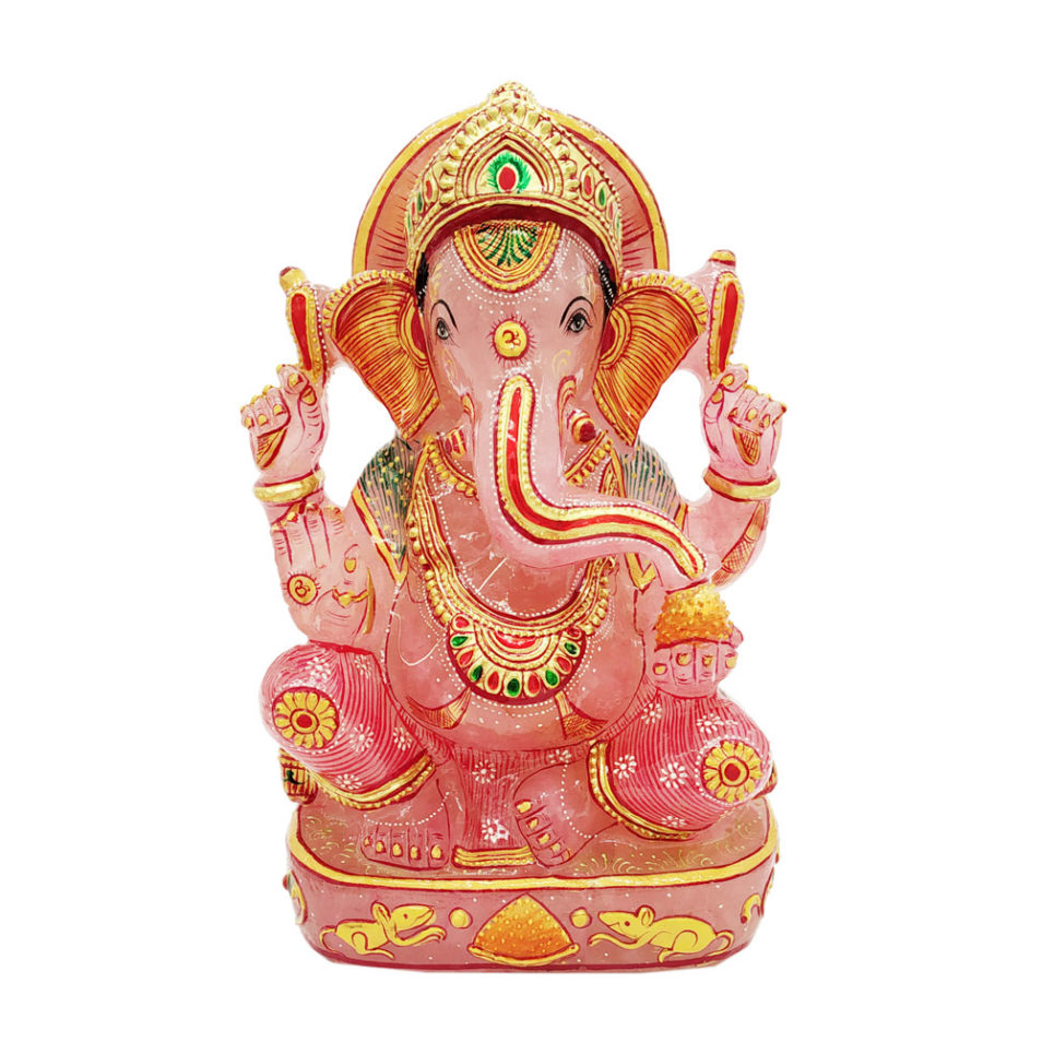 Rose quartz Stone Ganesha Statue Gold Painted