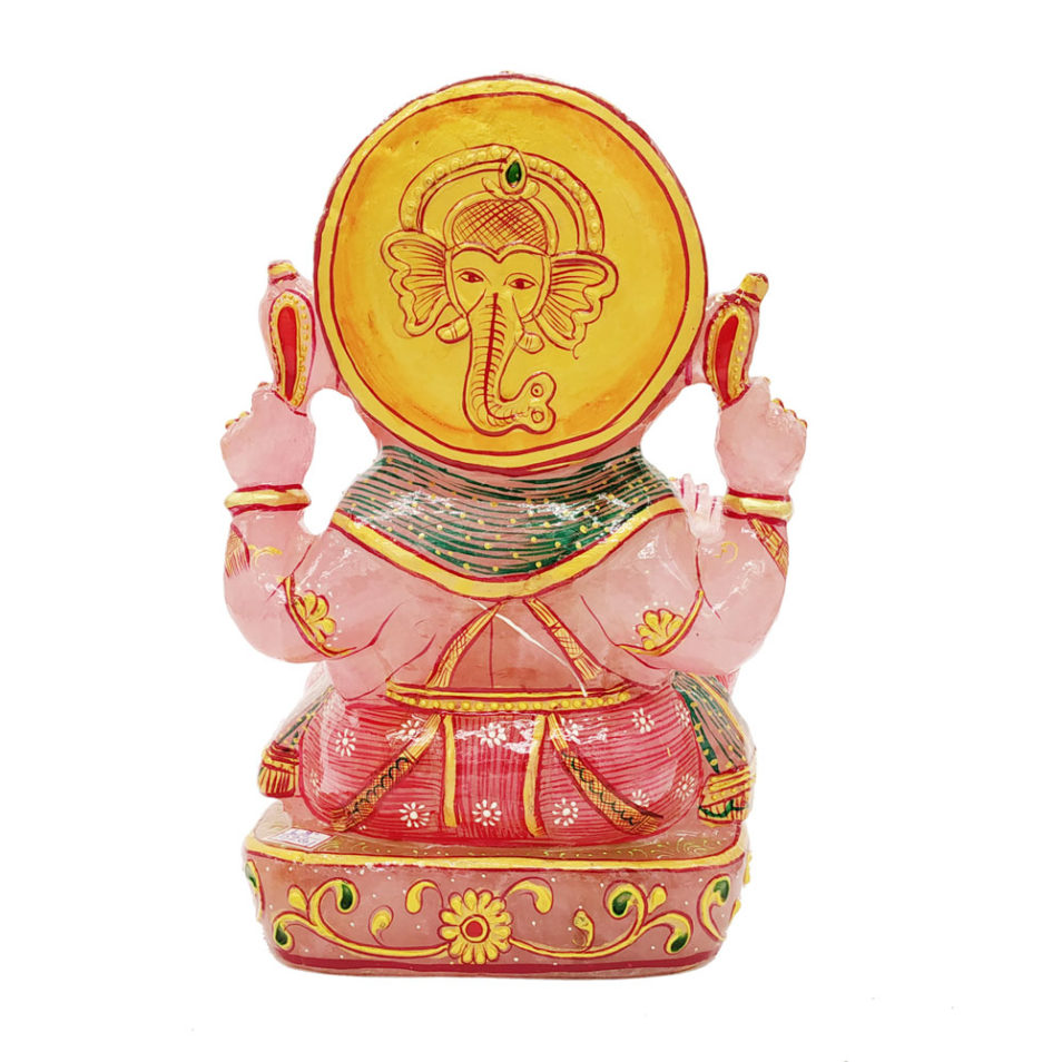 Rose quartz Stone Ganesha Statue Gold Painted