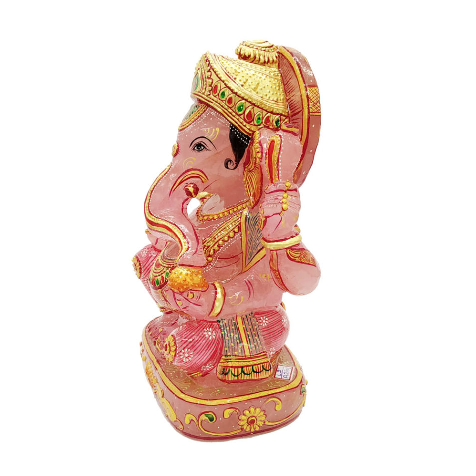 Rose quartz Stone Ganesha Statue Gold Painted