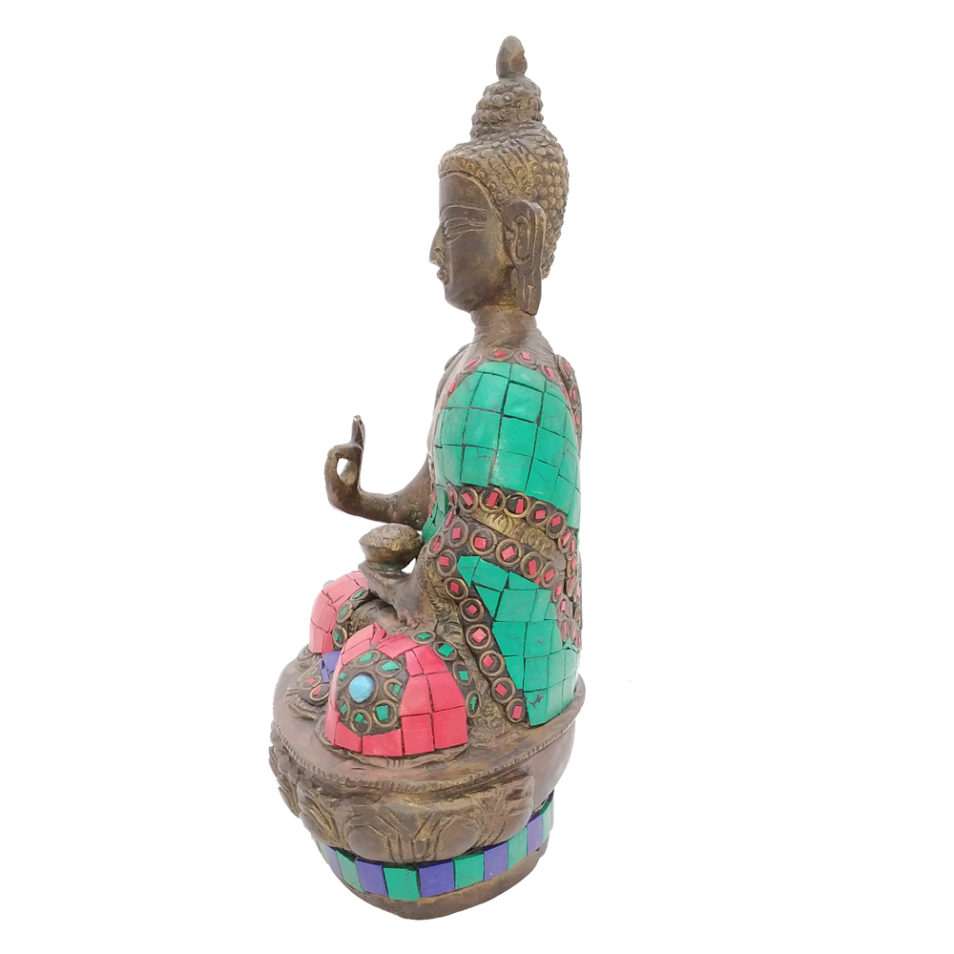 Brass Buddha Sitting Medicine Buddha Statue with Stone Work