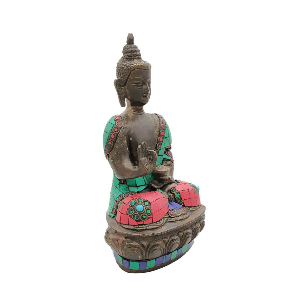 Brass Buddha Sitting Medicine Buddha Statue with Stone Work