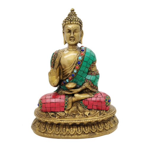 Brass Buddha Sitting Medicine Buddha Statue with Stone Work