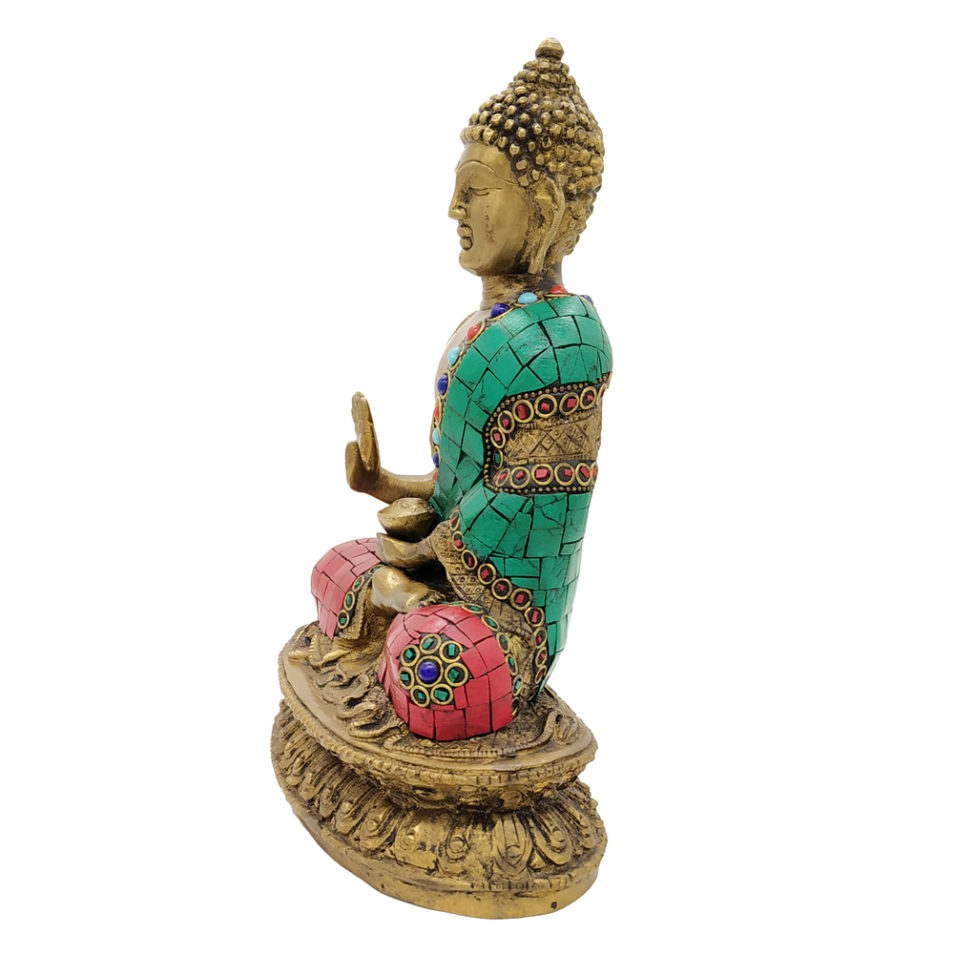 Brass Buddha Sitting Medicine Buddha Statue with Stone Work