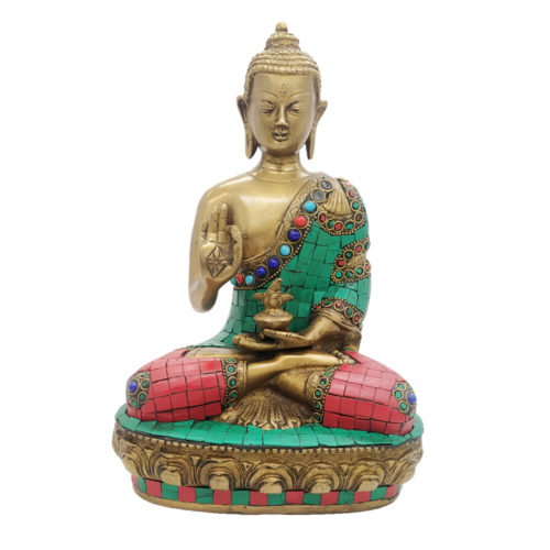 Brass Buddha Sitting Medicine Buddha Statue with Stone Work