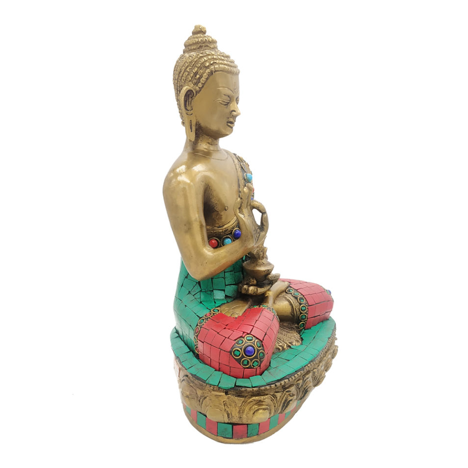 Brass Buddha Sitting Medicine Buddha Statue with Stone Work