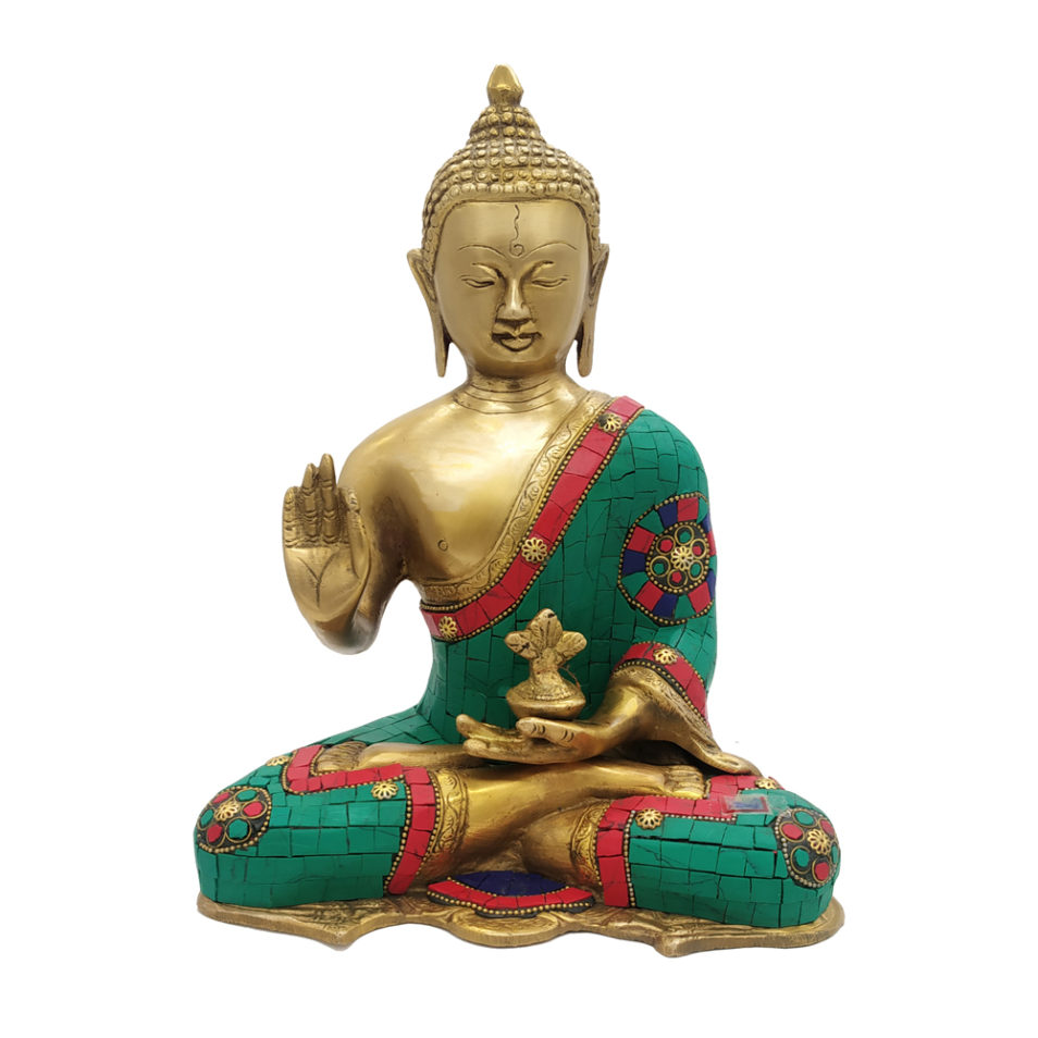 Brass Buddha Sitting Medicine Buddha Statue with Stone Work