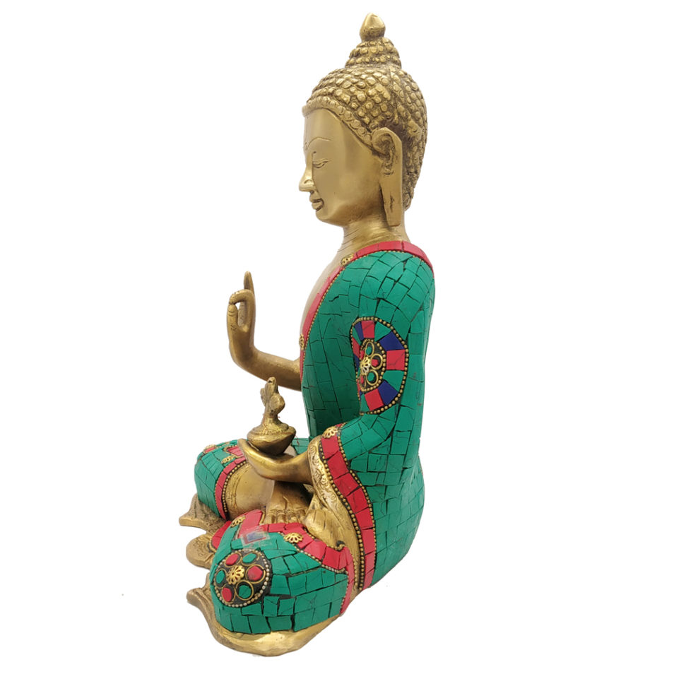 Brass Buddha Sitting Medicine Buddha Statue with Stone Work