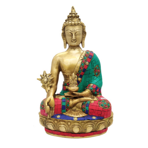 Brass Buddha Sitting Medicine Buddha Statue with Stone Work