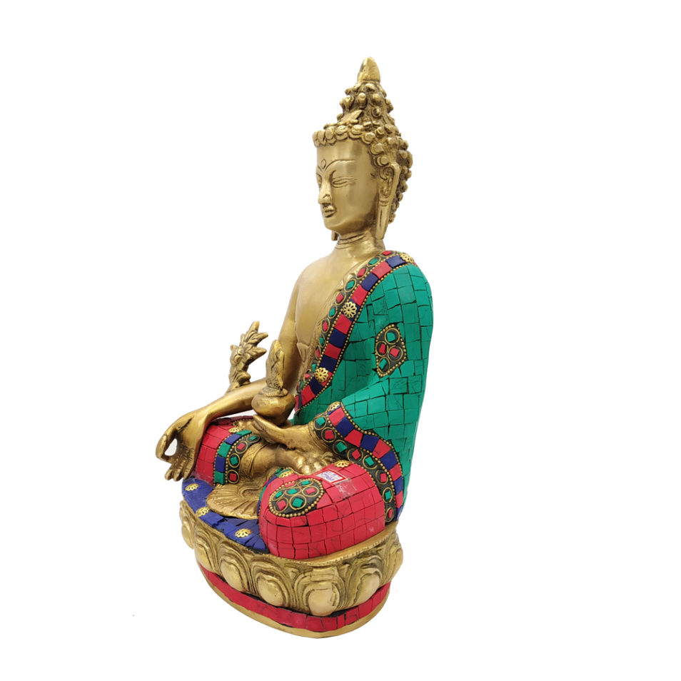 Brass Buddha Sitting Medicine Buddha Statue with Stone Work