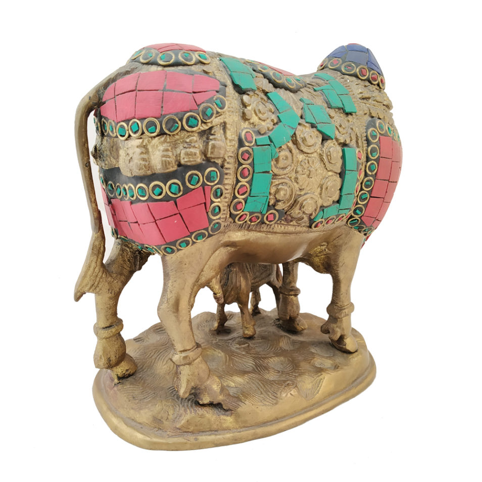 Brass Cow with Calf Feeding Stone Work Hindu Nandi Cow Statue