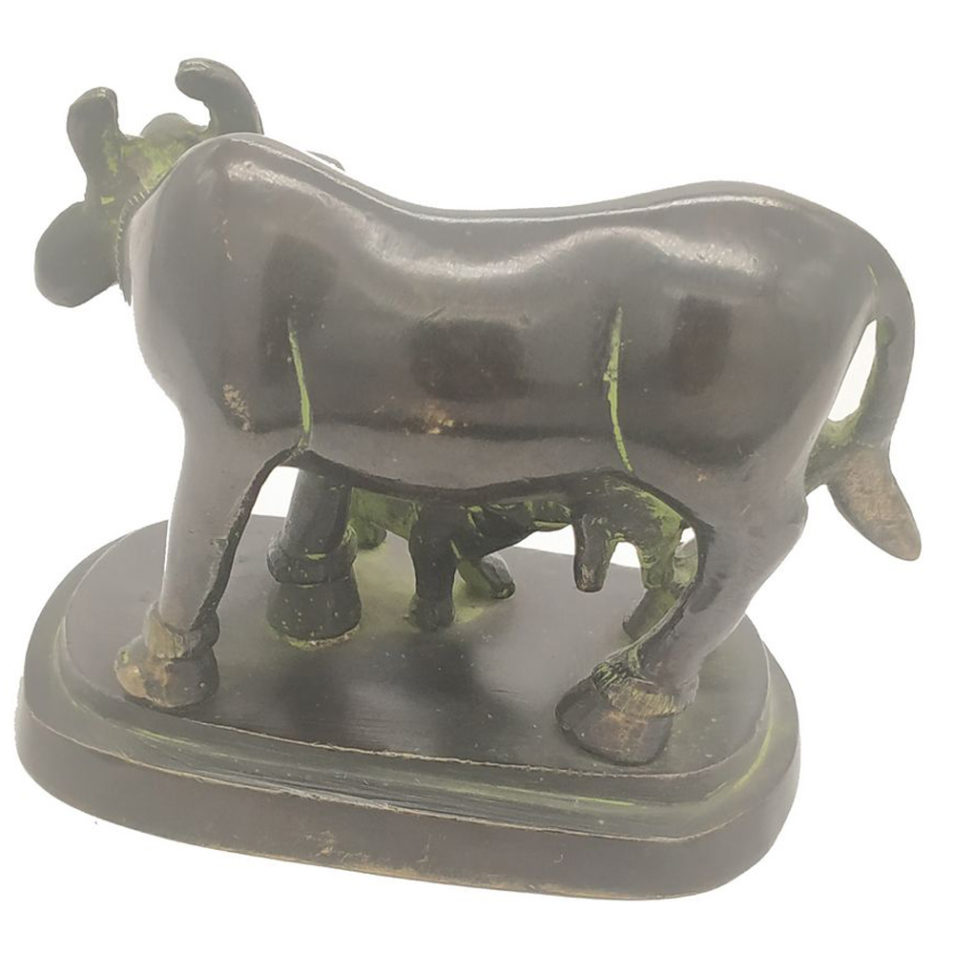 Brass Cow with Calf Feeding Hindu Nandi Cow Statue