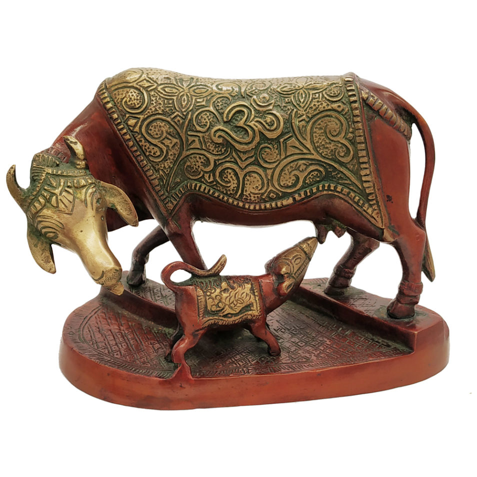 Brass Cow with Calf Feeding Hindu Nandi Cow Statue