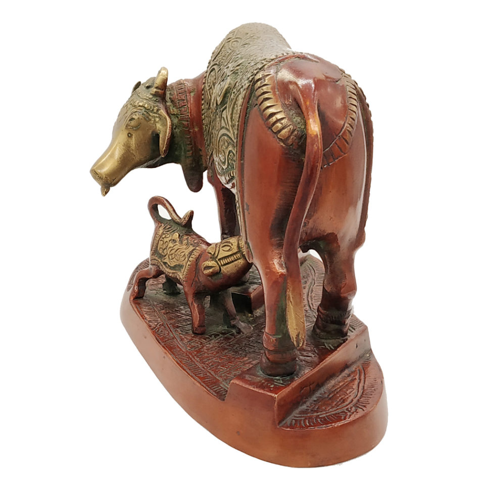 Brass Cow with Calf Feeding Hindu Nandi Cow Statue