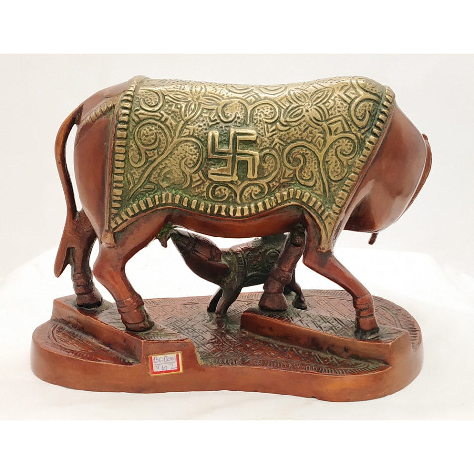 Brass Cow with Calf Feeding Hindu Nandi Cow Statue