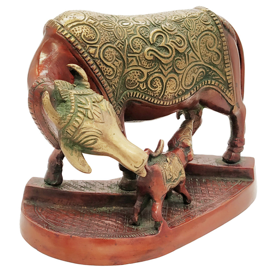 Brass Cow with Calf Feeding Hindu Nandi Cow Statue