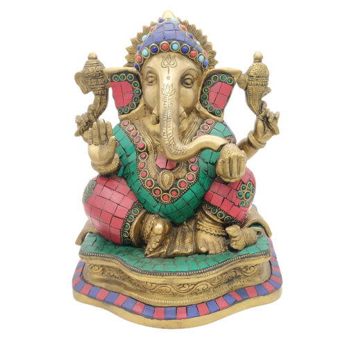 Brass Sitting Ganesha statue With Stone Work Antique Finished