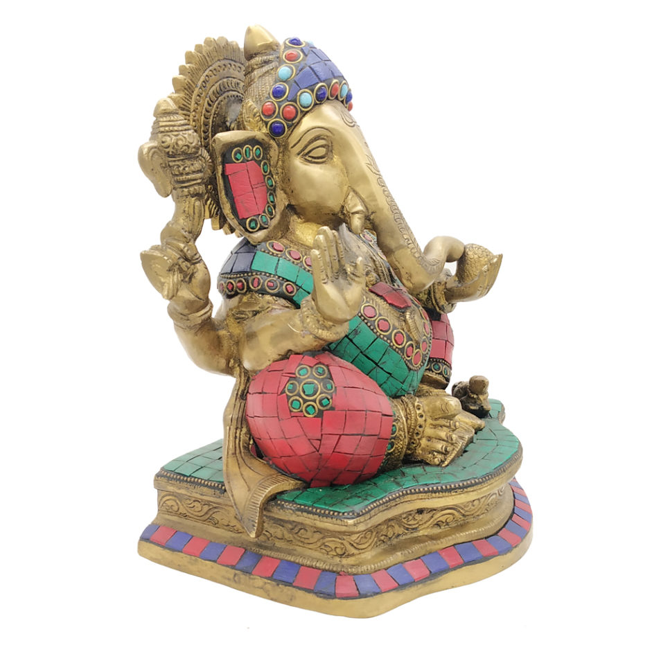 Brass Sitting Ganesha statue With Stone Work Antique Finished