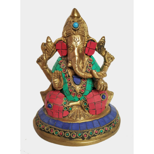 Brass Sitting Ganesha statue With Stone Work Antique Finished