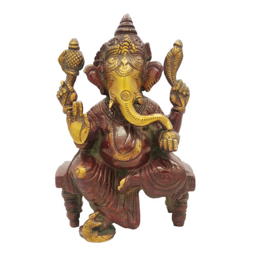 Brass Ganesha statue Sitting On Throne Hand Painted Antique Finished