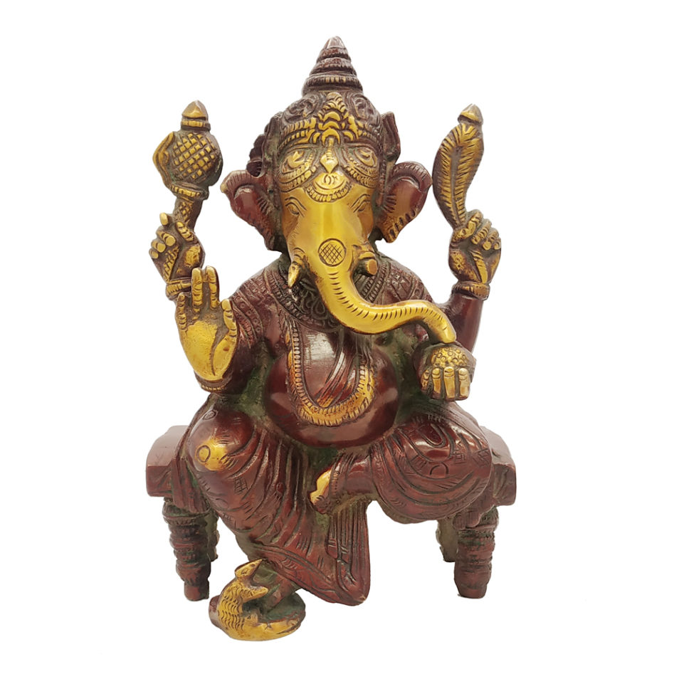 Brass Ganesha statue Sitting On Throne Hand Painted Antique Finished