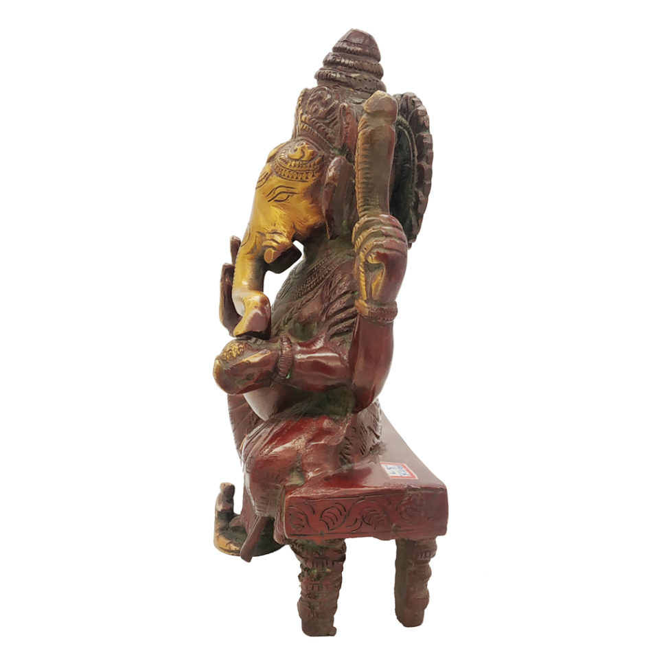 Brass Ganesha statue Sitting On Throne Hand Painted Antique Finished