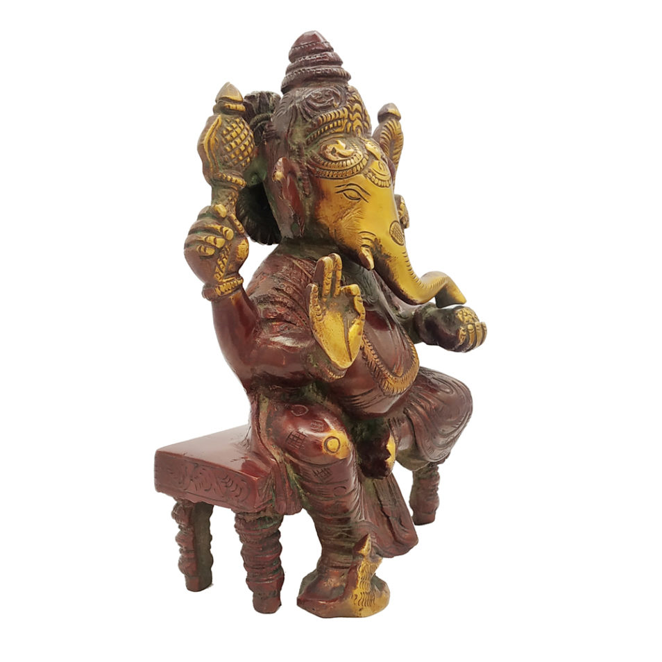 Brass Ganesha statue Sitting On Throne Hand Painted Antique Finished