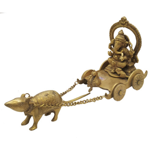 Brass Ganesha statue With Mouse Cart Antique Finished