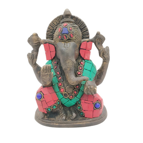 Brass Sitting Ganesha statue With Stone Work Antique Finished