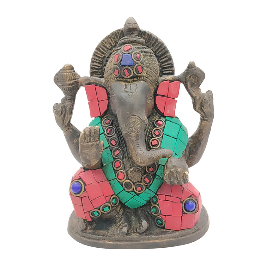 Brass Sitting Ganesha statue With Stone Work Antique Finished