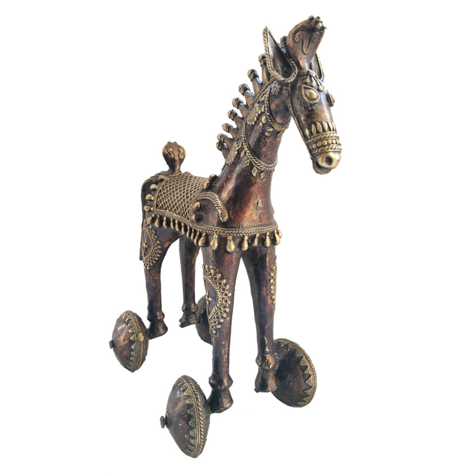 Brass Old Tribe Horse On Wheel Antique Finised Home decor