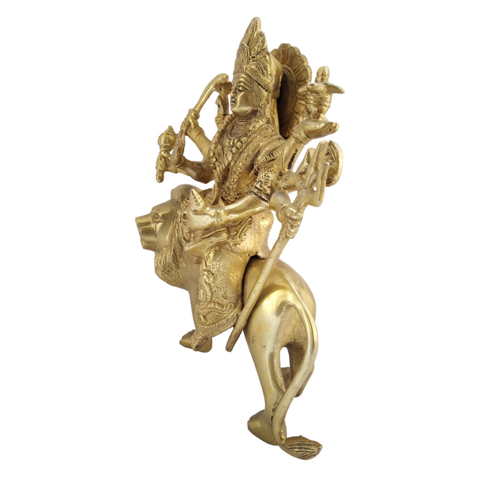 Brass Goddess Durga Sitting on Lion Hindu Religious