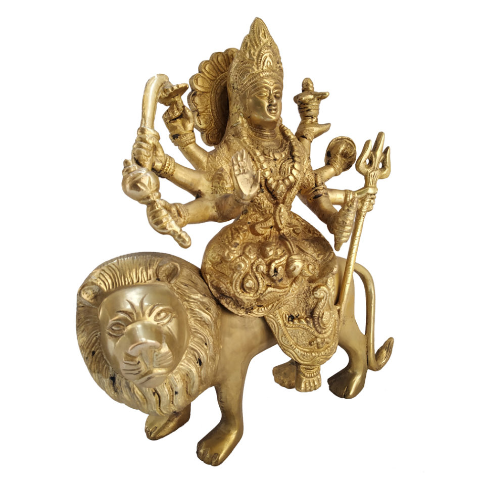 Brass Goddess Durga Sitting on Lion Hindu Religious