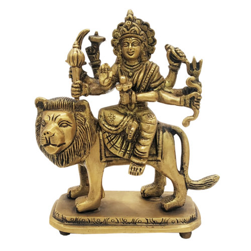 Brass Goddess Durga Sitting on Lion Hindu Religious