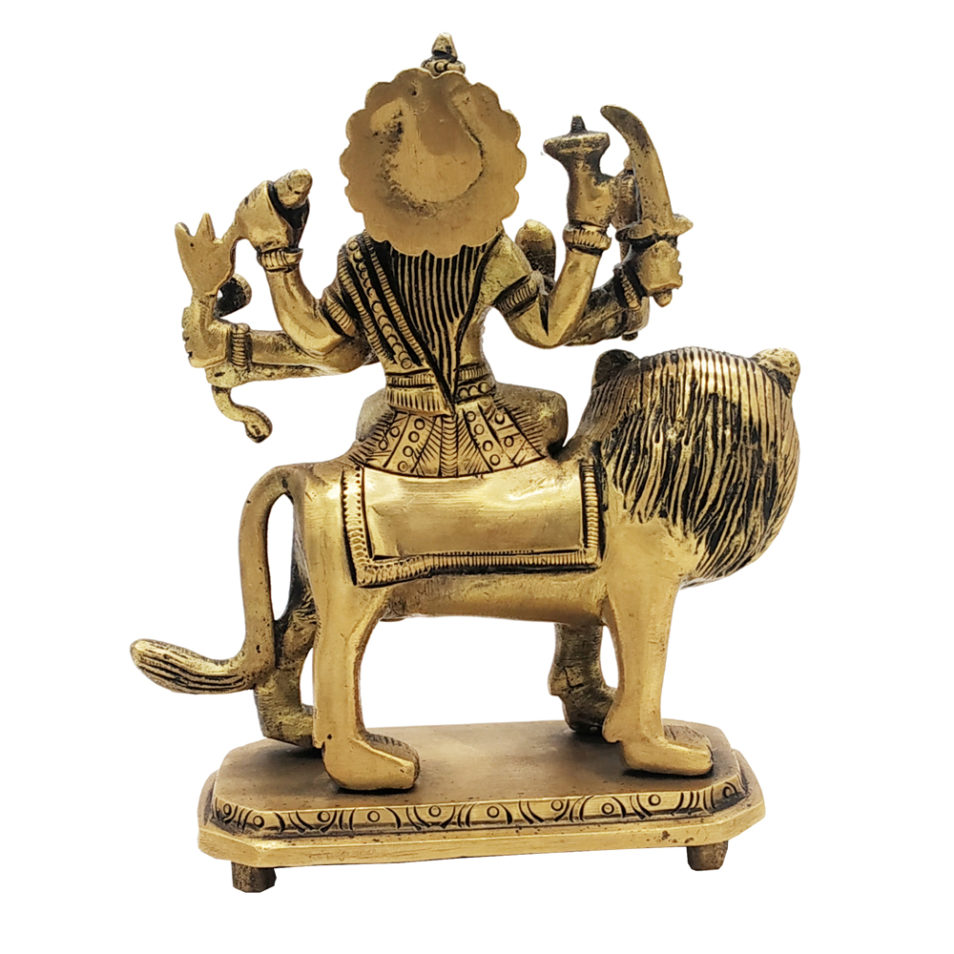 Brass Goddess Durga Sitting on Lion Hindu Religious