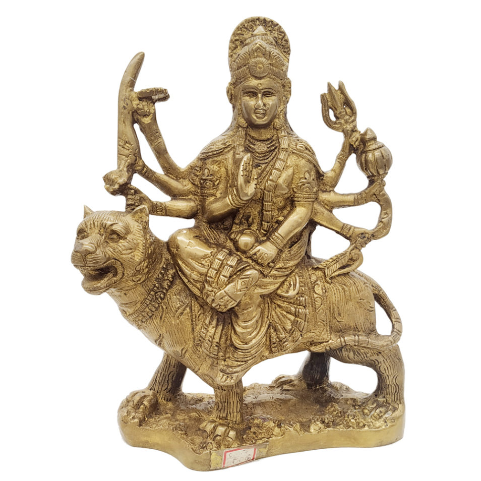 Brass Goddess Durga Sitting on Lion Hindu Religious